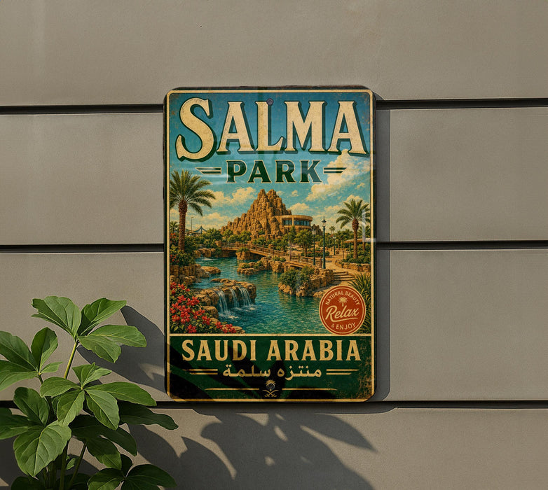 A vintage-style metal sign for Salma Park in Saudi Arabia, featuring a scenic landscape with palm trees, waterfalls, and a castle-like structure.