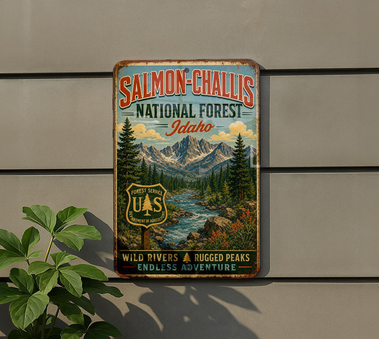 A vintage-style sign for Salmon-Challa's National Forest in Idaho, featuring a scenic mountain landscape with a river and rugged peaks.