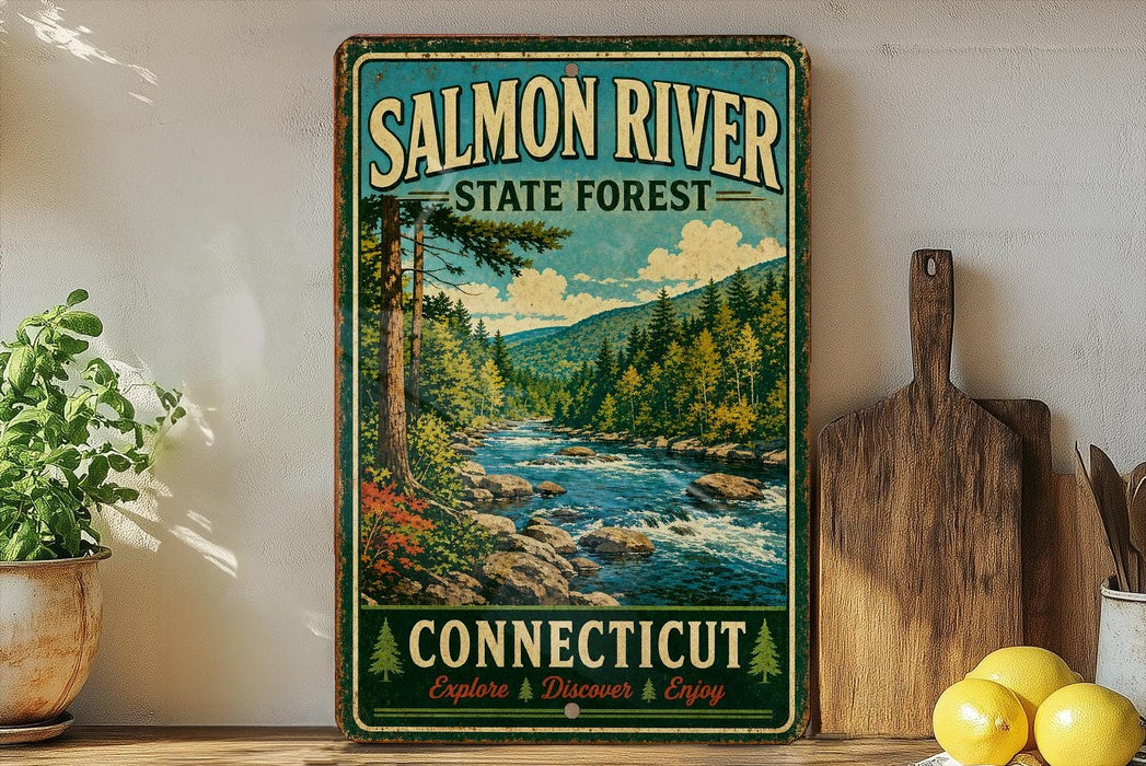 A vintage-style sign for the Salmon River State Forest in Connecticut, featuring a scenic illustration of a river surrounded by pine trees and mountains.