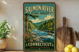A vintage-style sign for the Salmon River State Forest in Connecticut, featuring a scenic illustration of a river surrounded by pine trees and mountains.