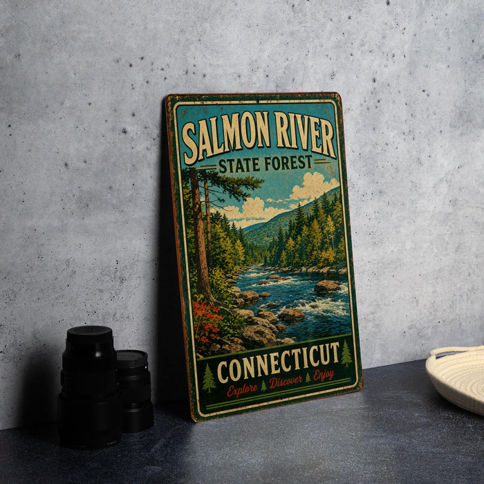 A vintage metal sign for the Salmon River State Forest in Connecticut, featuring a scenic illustration of a river surrounded by trees and mountains.