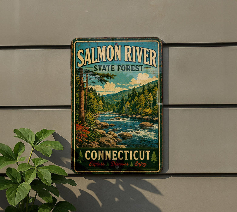A vintage-style metal sign for Salmon River State Forest in Connecticut, featuring a scenic landscape with a river and forest.