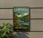 A vintage-style metal sign for Salmon River State Forest in Connecticut, featuring a scenic landscape with a river and forest.