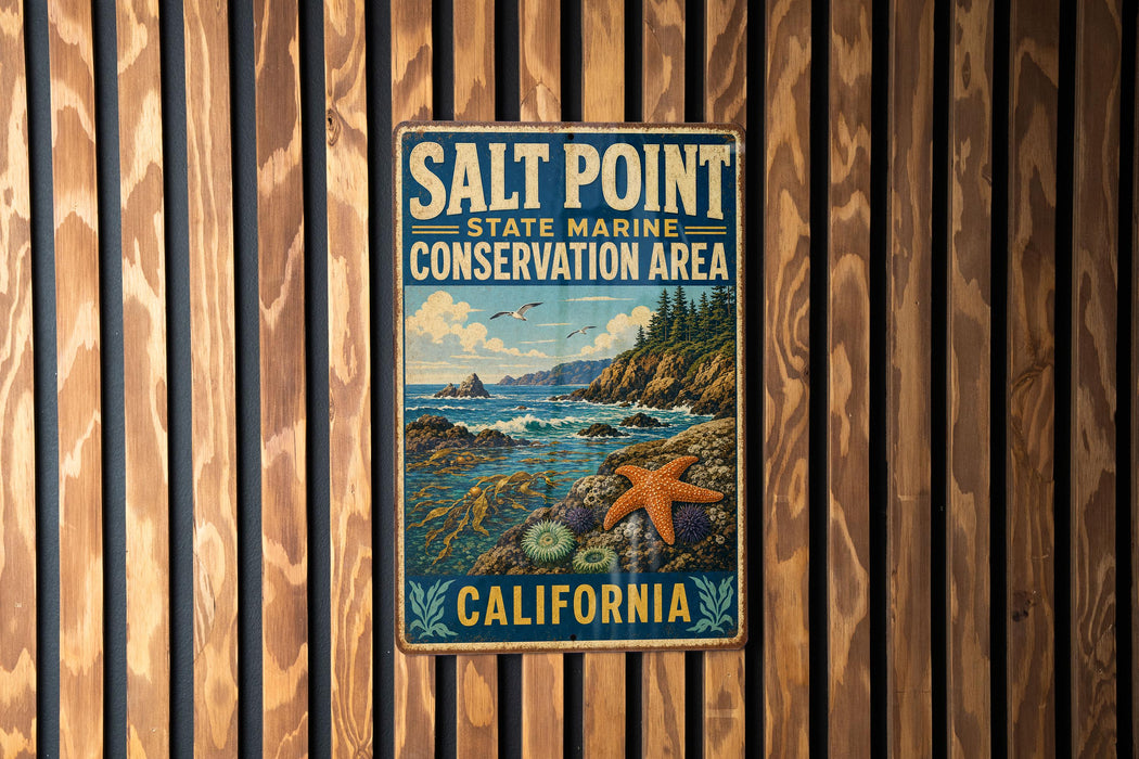 A vintage metal sign for the Salt Point State Marine Conservation Area in California, featuring a scenic coastal landscape with a starfish and other marine life.