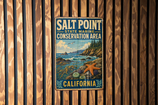 A vintage metal sign for the Salt Point State Marine Conservation Area in California, featuring a scenic coastal landscape with a starfish and other marine life.