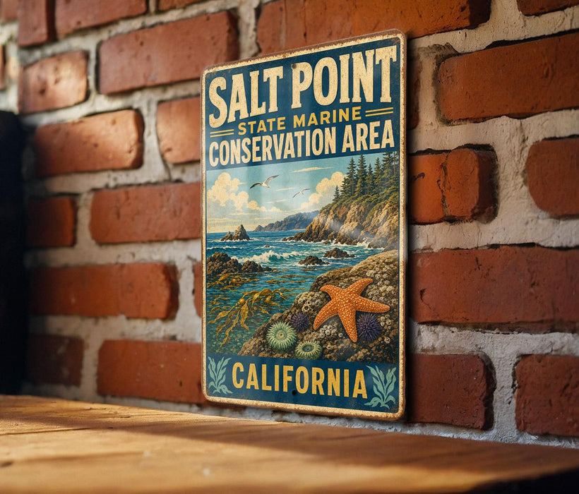 A vintage metal sign for the Salt Point State Marine Conservation Area in California, featuring a scenic coastal landscape with a rocky shore, ocean waves, and a starfish.