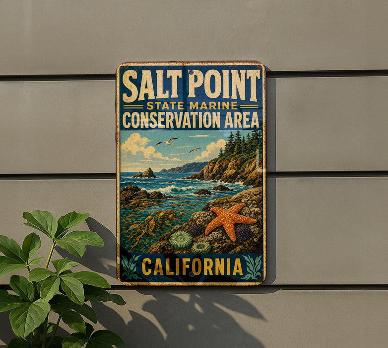 A vintage-style metal sign for the Salt Point State Marine Conservation Area in California, featuring a scenic coastal landscape with a starfish and other marine life.