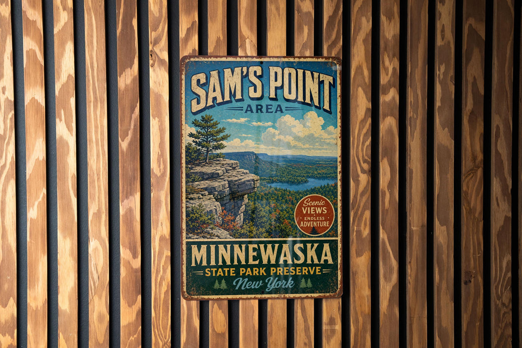 A vintage-style metal sign for Sam's Point Area, Minnewaska State Park Preserve, New York, featuring a scenic landscape with a cliff and a lake.