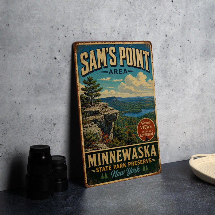 A vintage-style metal sign for Sam's Point Area, Minewaska State Park Preserve, New York, featuring a scenic landscape with a cliff and a lake.