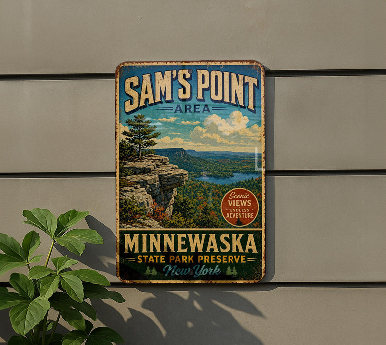 A vintage-style metal sign for Sam's Point Area, Minewaska State Park Preserve, New York, featuring a scenic mountain landscape with a lake and trees.