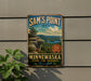 A vintage-style metal sign for Sam's Point Area, Minewaska State Park Preserve, New York, featuring a scenic mountain landscape with a lake and trees.