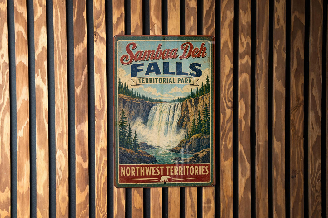 A vintage-style metal sign for Samba Deh Falls, a waterfall located in Northwest Territories, Canada.