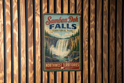 A vintage-style metal sign for Samba Deh Falls, a waterfall located in Northwest Territories, Canada.
