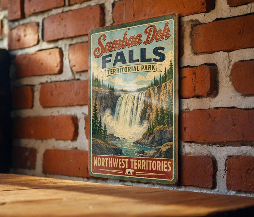 A vintage-style sign for Samboo Deh Falls, a waterfall located in Northwest Territories, Canada.