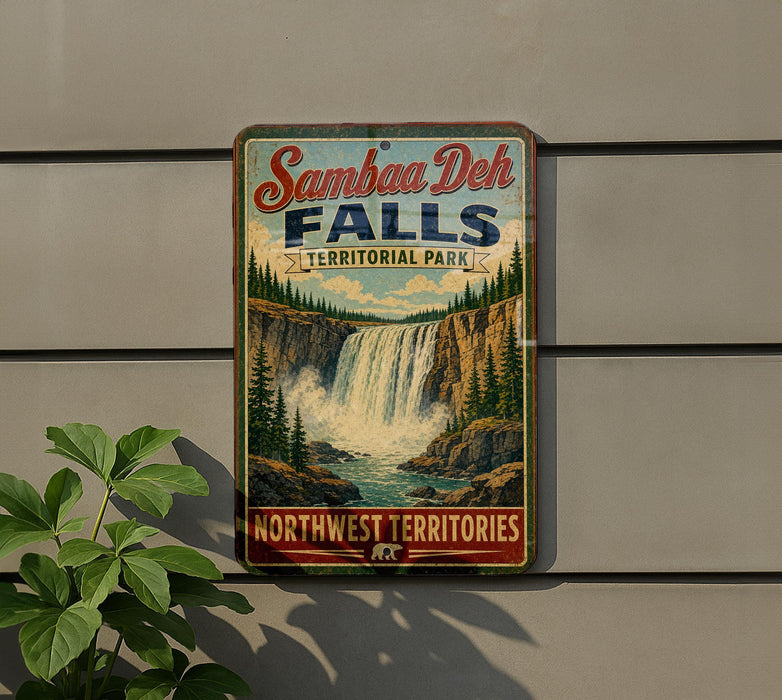 A vintage-style sign for Samba Deh Falls, a waterfall located in Northwest Territories, Canada.