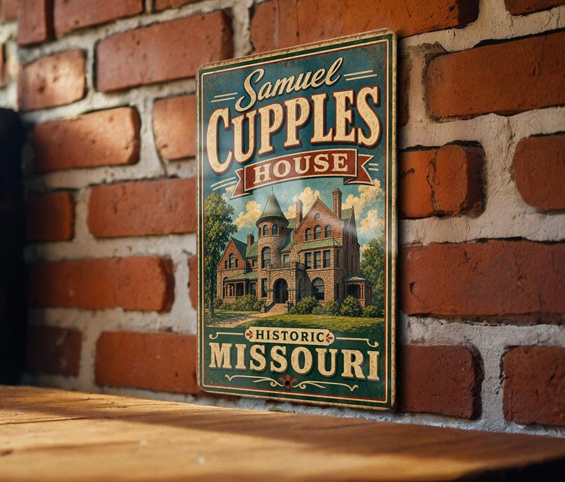 A vintage-style metal sign for "Samuel Cupcles House" is displayed on a brick wall, featuring an illustration of a historic building.