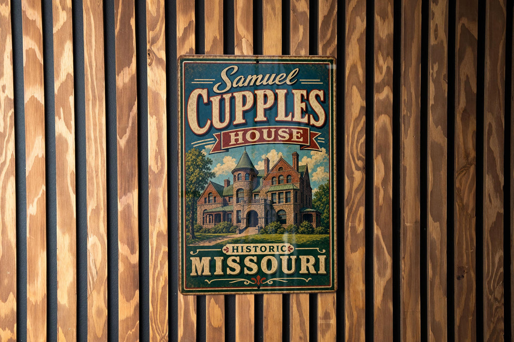 A vintage-style sign for "Samuel Cupples House" is displayed on a wooden wall.