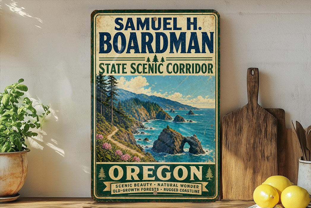 A vintage-style metal sign for the State Scenic Corridor in Oregon, featuring a scenic coastal landscape with mountains, cliffs, and the ocean.