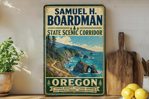 A vintage-style metal sign for the State Scenic Corridor in Oregon, featuring a scenic coastal landscape with mountains, cliffs, and the ocean.