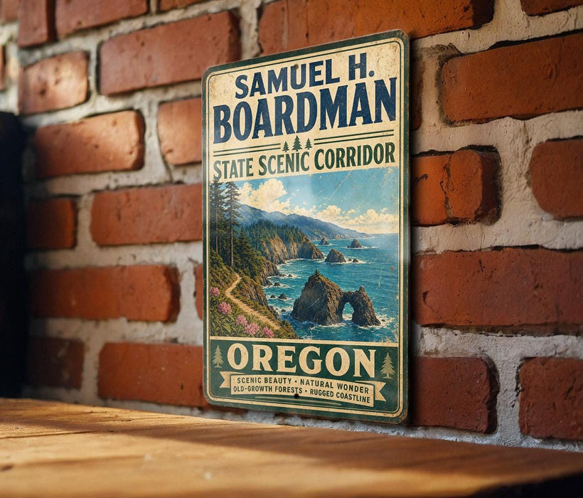 A vintage-style metal sign for the State Scenic Corridor in Oregon, featuring a scenic coastal landscape with mountains, water, and trees.