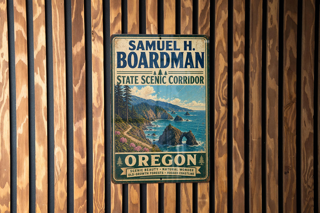 A vintage-style metal sign for the State Scenic Corridor in Oregon, featuring a scenic coastal landscape with mountains, cliffs, and a winding path along the water.