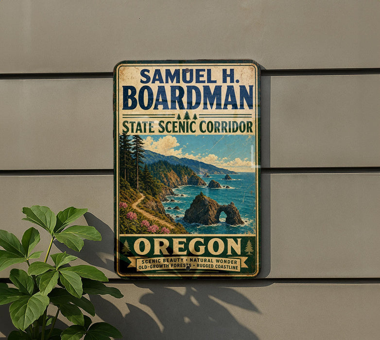 A vintage-style metal sign for the State Scenic Corridor in Oregon, featuring a scenic coastal landscape with mountains, trees, and the ocean.