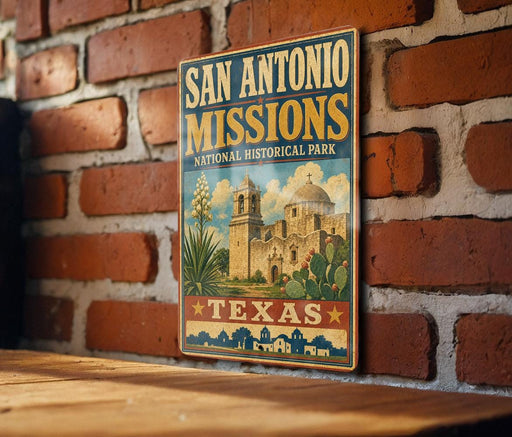 A vintage-style sign for San Antonio Missions National Historical Park, featuring an illustration of the Mission San Antonio and the surrounding landscape.