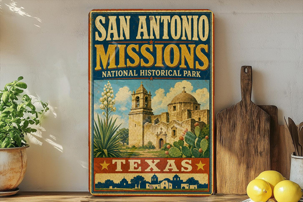 A vintage-style sign for San Antonio Missions National Historical Park, featuring an illustration of the Mission bells and the Mission bell tower, with the text "SAN ANTONIO MISSIONS NATIONAL HISTORICAL PARK" and "TEXAS" below.