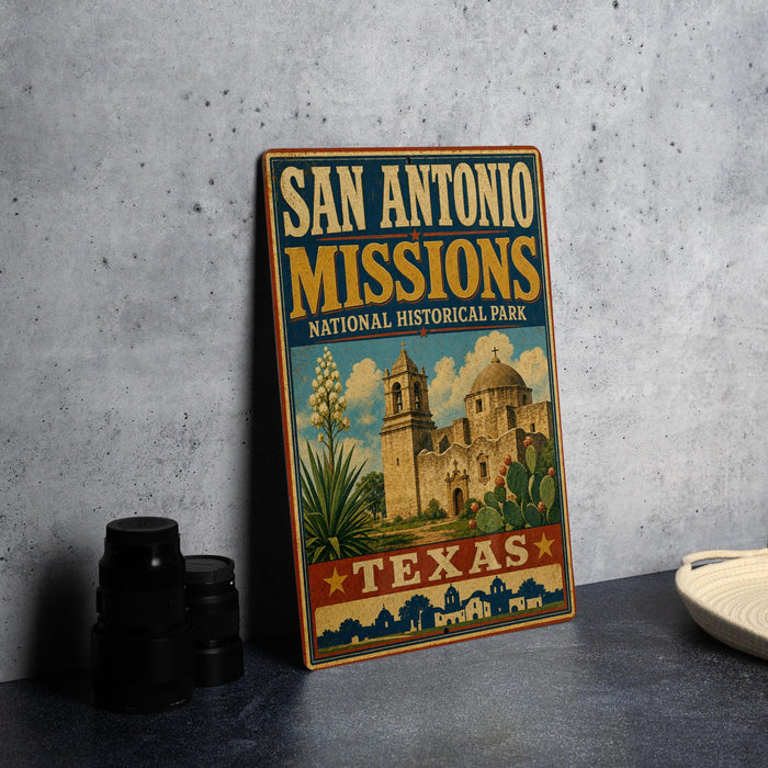 A vintage-style poster of San Antonio Missions National Historical Park, featuring a depiction of the Mission bells and the Mission bell tower, along with the text "SAN ANTONIO MISSIONS" and "NATIONAL HISTORICAL PARK" printed on it.