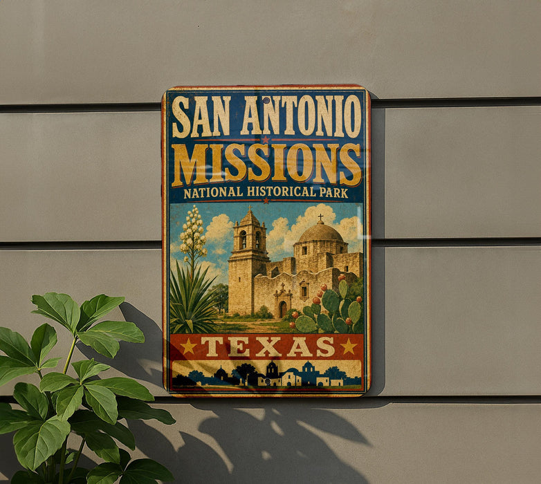 A vintage-style sign for San Antonio Missions National Historical Park, featuring an illustration of the Mission bells and buildings, with the text "SAN ANTONIO MISSIONS" prominently displayed.