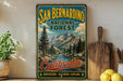 A vintage-style sign for the San Bernardino National Forest in California, featuring a scenic mountain landscape and the text "San Bernardino National Forest California Adventure - Discover - Explore".