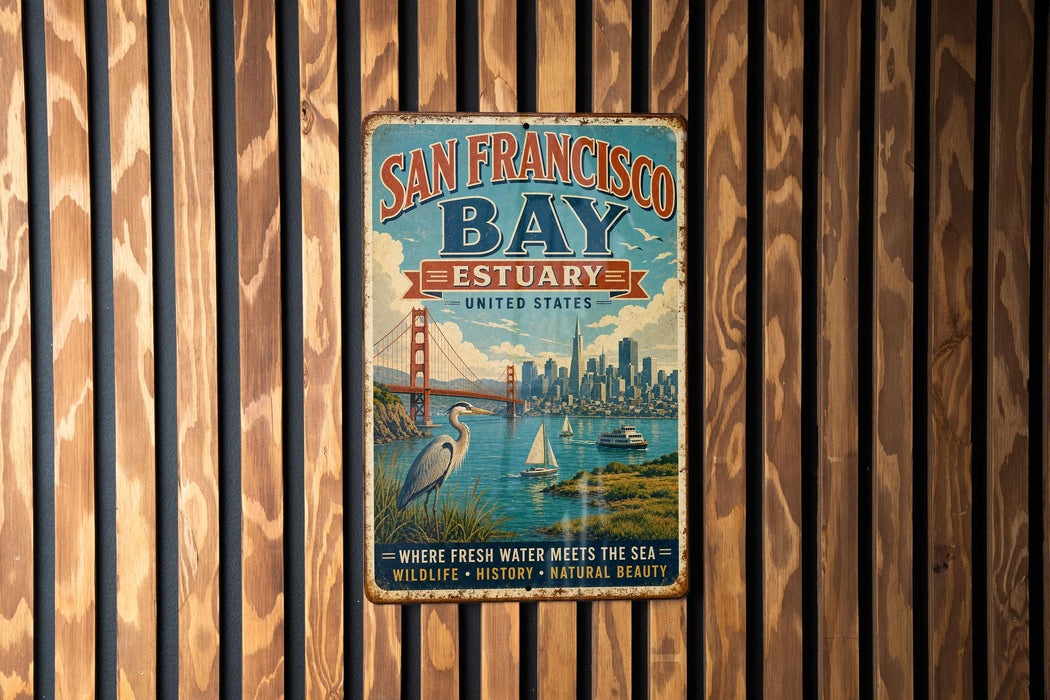 A vintage-style metal sign for San Francisco Bay, featuring a cityscape and a crane, is displayed on a wooden wall.