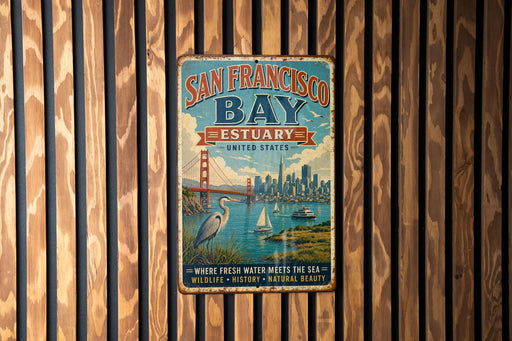 A vintage-style metal sign for San Francisco Bay, featuring a cityscape and a crane, is displayed on a wooden wall.