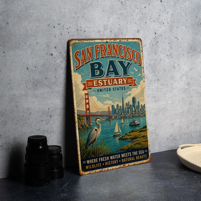 A vintage-style metal sign for San Francisco Bay Estuary, featuring a cityscape, a crane, and a crane in the background.