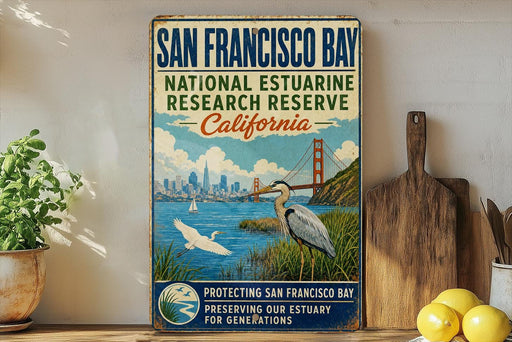 A vintage-style sign for the National Estuarine Research Reserve in San Francisco Bay, featuring a seagull, a bridge, and a city skyline.