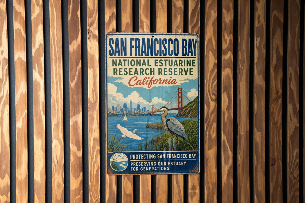 A vintage-style sign for the San Francisco Bay National Estuarine Research Reserve in California, featuring an illustration of the Golden Gate Bridge and a bird.