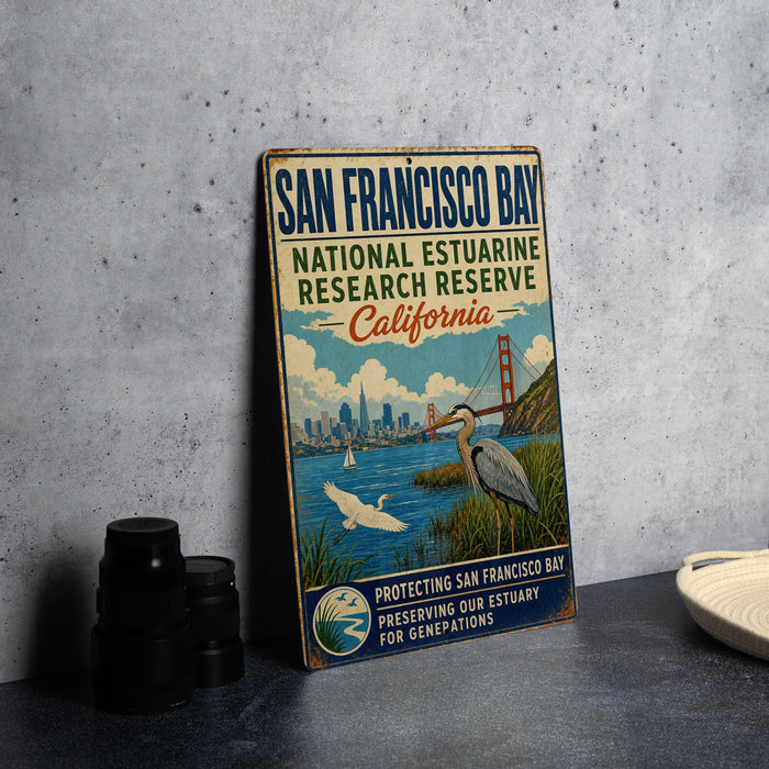 A vintage-style sign for the San Francisco Bay National Estuarine Research Reserve in California, featuring illustrations of the Golden Gate Bridge, a crane, and a bird.