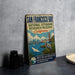 A vintage-style sign for the San Francisco Bay National Estuarine Research Reserve in California, featuring illustrations of the Golden Gate Bridge, a crane, and a bird.