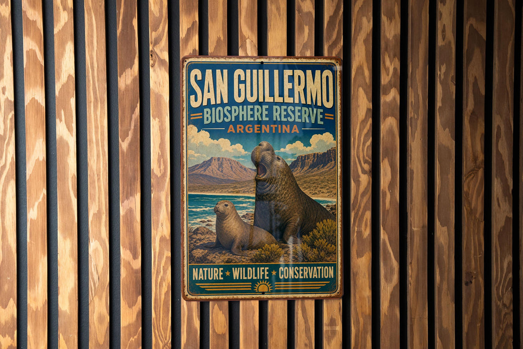 A vintage metal sign for San Guillermo Biosphere Reserve in Argentina, featuring a seal and mountains in the background.