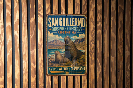 A vintage metal sign for San Guillermo Biosphere Reserve in Argentina, featuring a seal and mountains in the background.