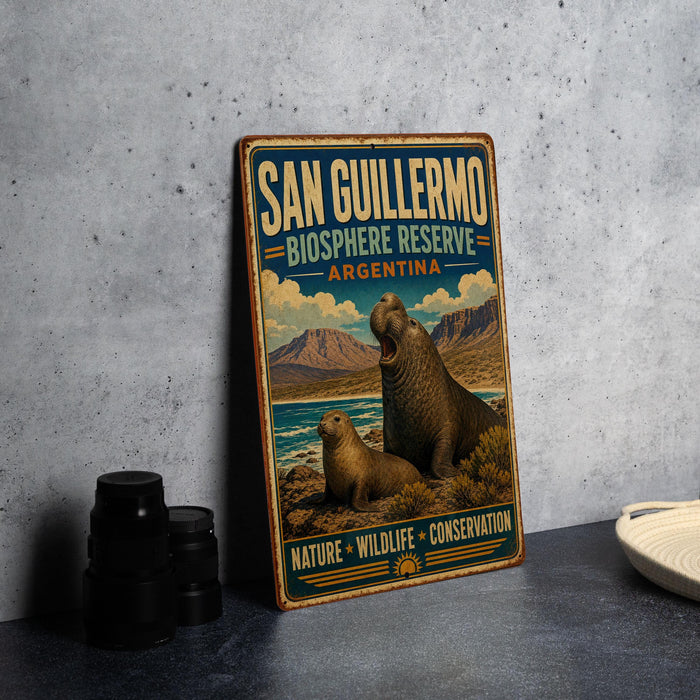 A vintage-style metal sign for San Guillermo Biosphere Reserve in Argentina, featuring an illustration of two seals in a natural setting.