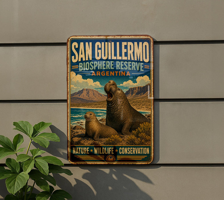 a metal sign with a picture of two seals, one larger and one smaller, against a backdrop of mountains and water.