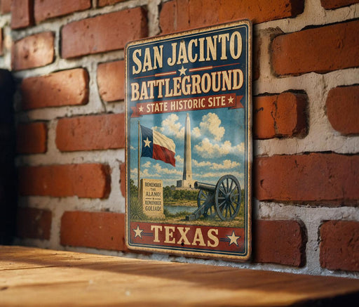 A vintage-style metal sign with the text "SAN JACINTO BATTLEGROUND" and "STATE HISTORIC SITE" is displayed on a brick wall.