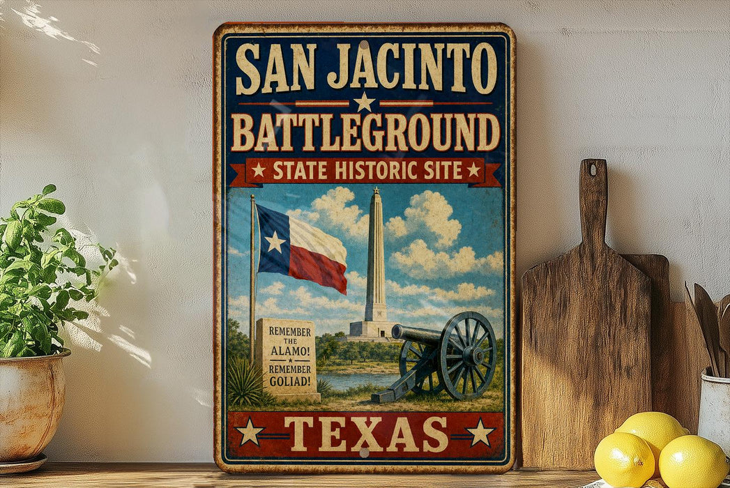 A vintage-style sign for the San Jacinto Battlefield, featuring a Texas state flag, a cannon, and a scenic landscape.