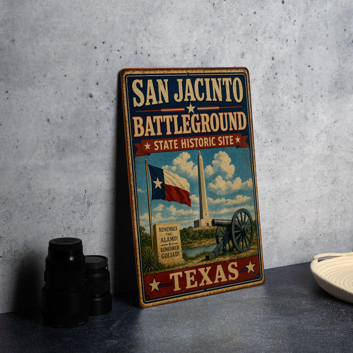 A vintage-style metal sign for the San Jacinto Battleground, featuring a Texas flag and a cannon, is displayed on a gray concrete surface.