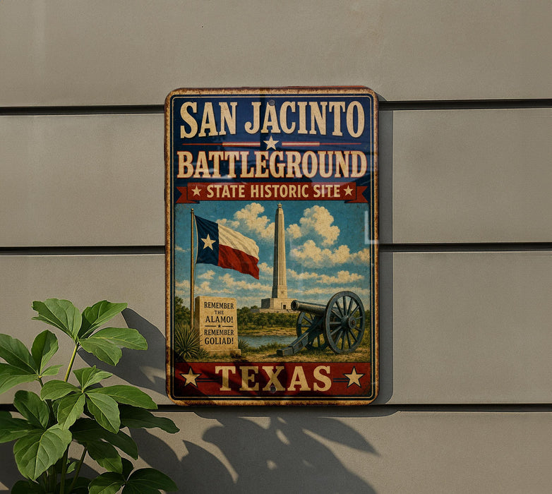 A vintage-style metal sign for the San Jacinto Battlefield State Historic Site in Texas, featuring a Texas flag, a cannon, and a monument.