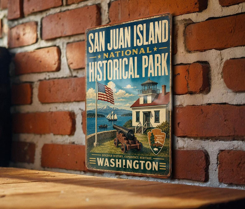 A vintage-style metal sign for San Juan Island National Historical Park, featuring an illustration of the park's historic buildings and a ship, mounted on a brick wall.
