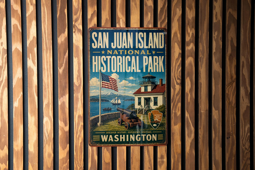 A vintage-style metal sign for San Juan Island National Historical Park, featuring an American flag, a lighthouse, and a ship, mounted on a wooden wall.
