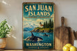 A vintage-style metal sign for San Juan Islands, Washington, featuring a scenic image of a lighthouse and two orca whales in the water.