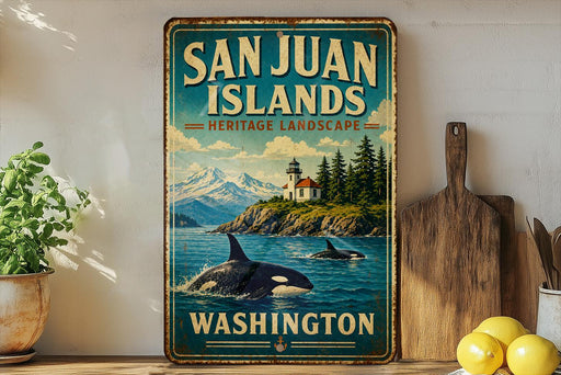 A vintage-style metal sign for San Juan Islands, Washington, featuring a scenic image of a lighthouse and two orca whales in the water.